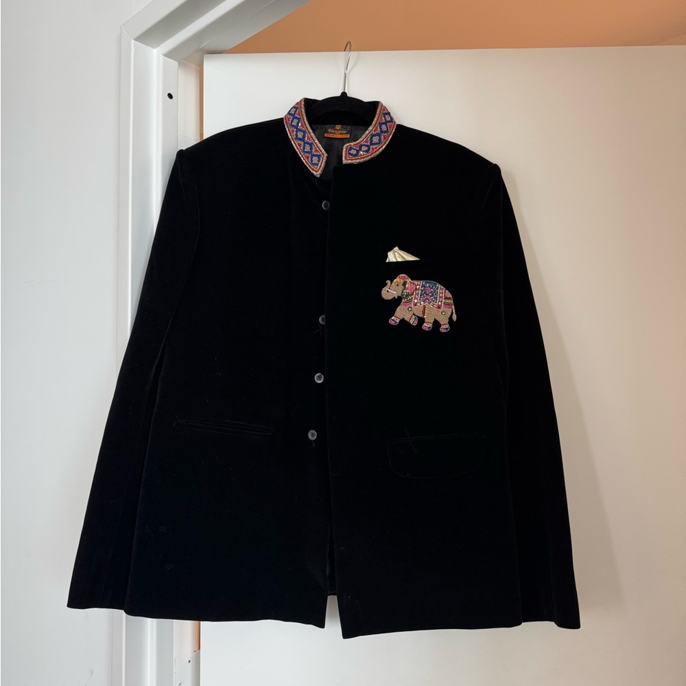 Men's Black Jacket with Embroidered Elephant Design